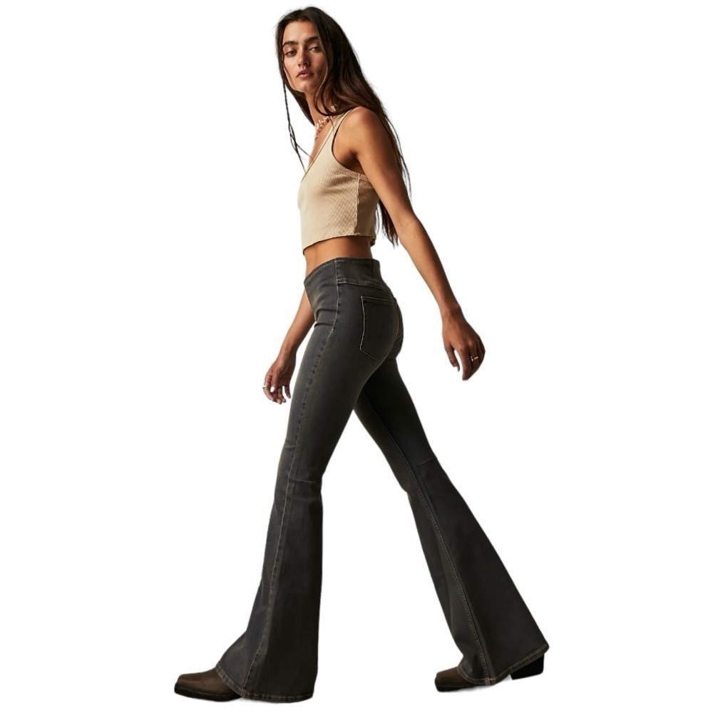 Free People Gray Penny Pull On Stretch Denim Flare Retro Jeans Women’s 27 - Picture 1 of 15